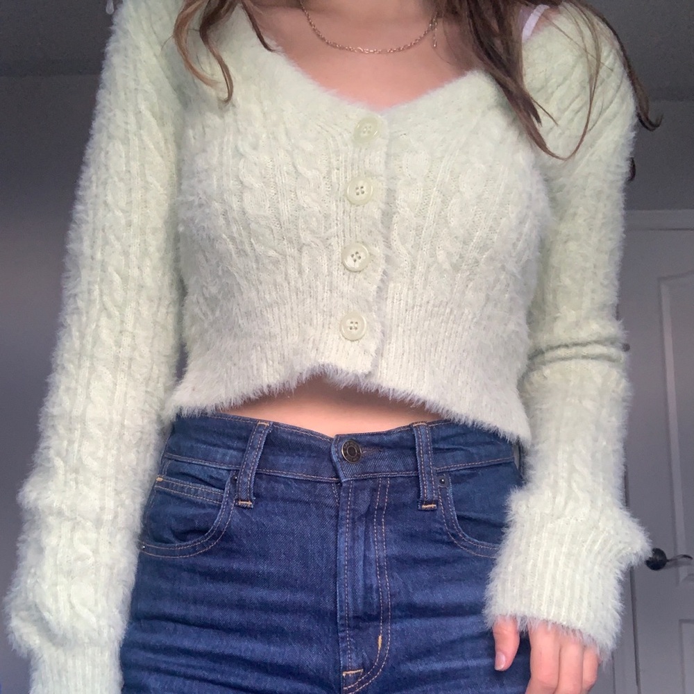 Pale green button up fuzzy cardigan